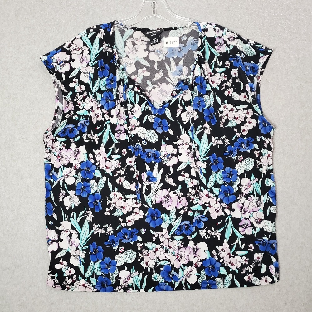 Liz Claiborne Women Top PXXL Blue Floral‎ Blouse Sleeveless V Neck